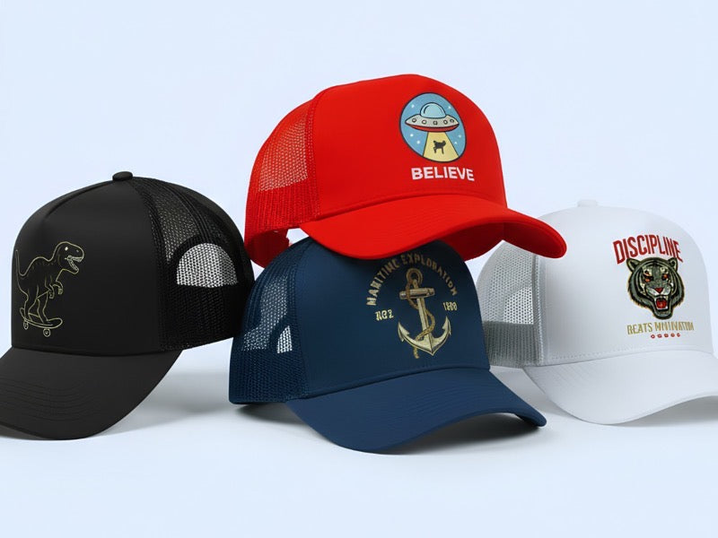 Four custom-printed trucker hats in black, red, navy and white.