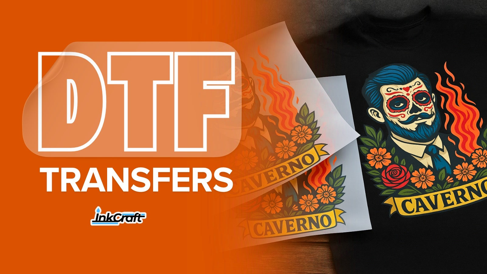 DTF Transfers: printed transfer sheets next to a black t-shirt pressed with the same full-color design