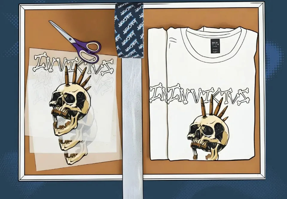 A DTF transfer of a skull design next to a white t-shirt printed with the same design