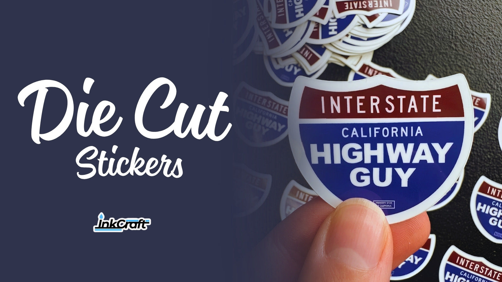 Die Cut Stickers: a hand holding a custom die-cut sticker over a pile of them