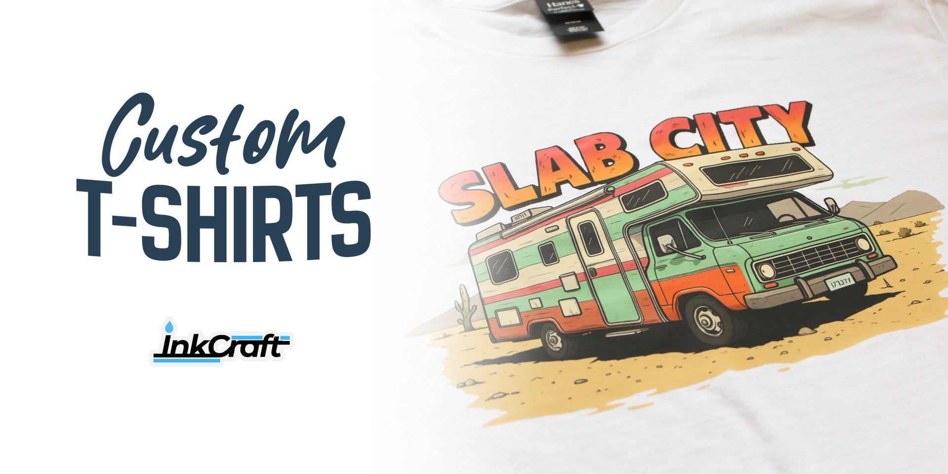 Custom t-shirts: a shirt printed with a colorful camper van design